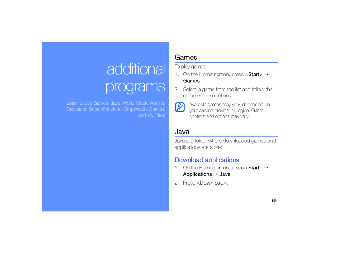 Samsung GT-B7330 user manual Games, Java, Download applications 
