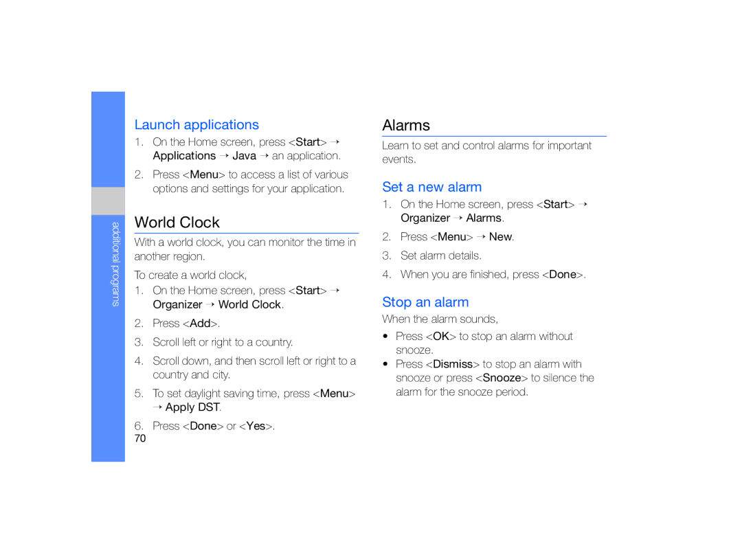 Samsung GT-B7330 user manual World Clock, Alarms, Launch applications, Set a new alarm, Stop an alarm 