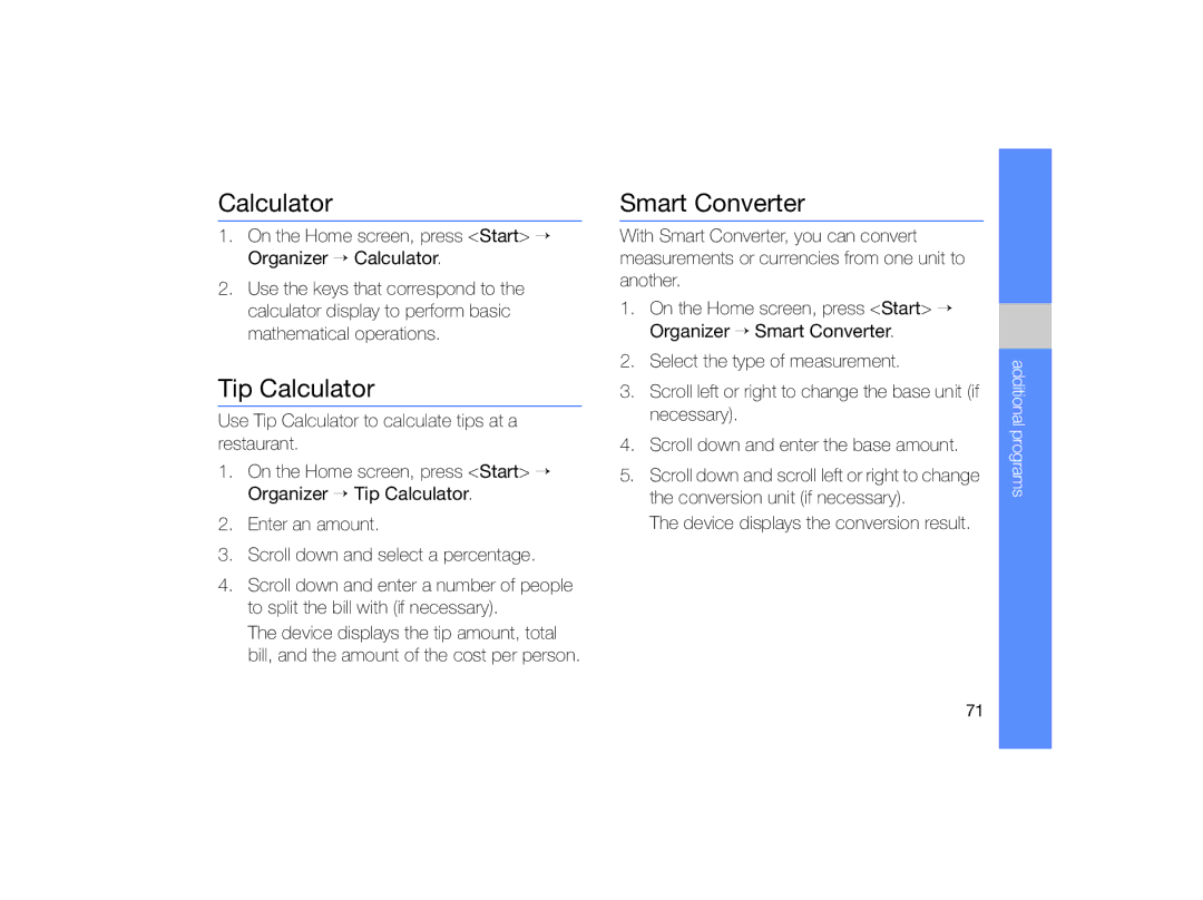 Samsung GT-B7330 user manual Tip Calculator, Smart Converter 