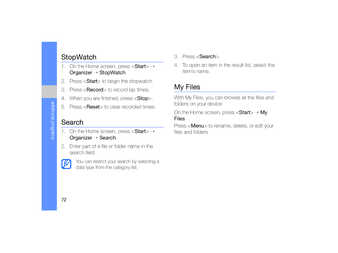 Samsung GT-B7330 user manual StopWatch, Search, My Files 