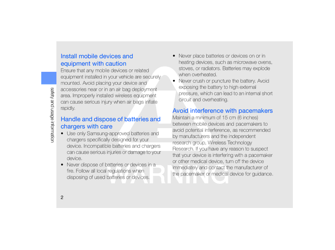 Samsung GT-B7330 Install mobile devices and equipment with caution, Handle and dispose of batteries and chargers with care 