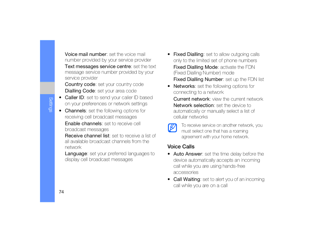 Samsung GT-B7330 user manual Voice Calls, Settings 