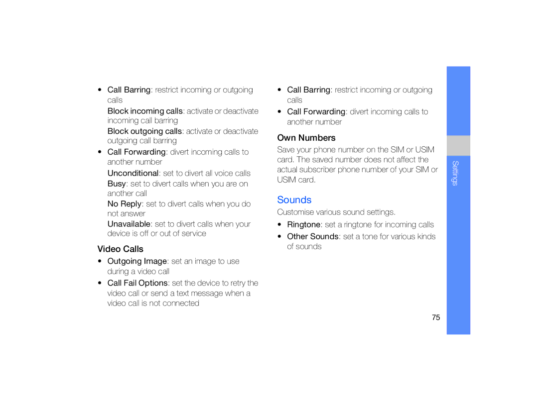 Samsung GT-B7330 user manual Sounds, Video Calls, Own Numbers 