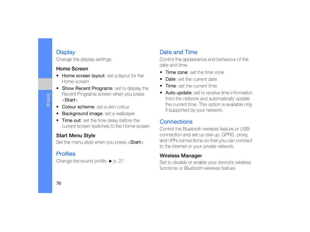 Samsung GT-B7330 user manual Display, Profiles, Date and Time, Connections 