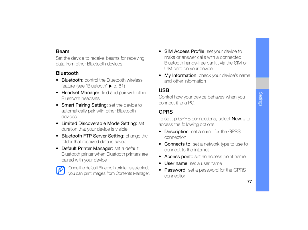 Samsung GT-B7330 user manual Beam, Bluetooth 