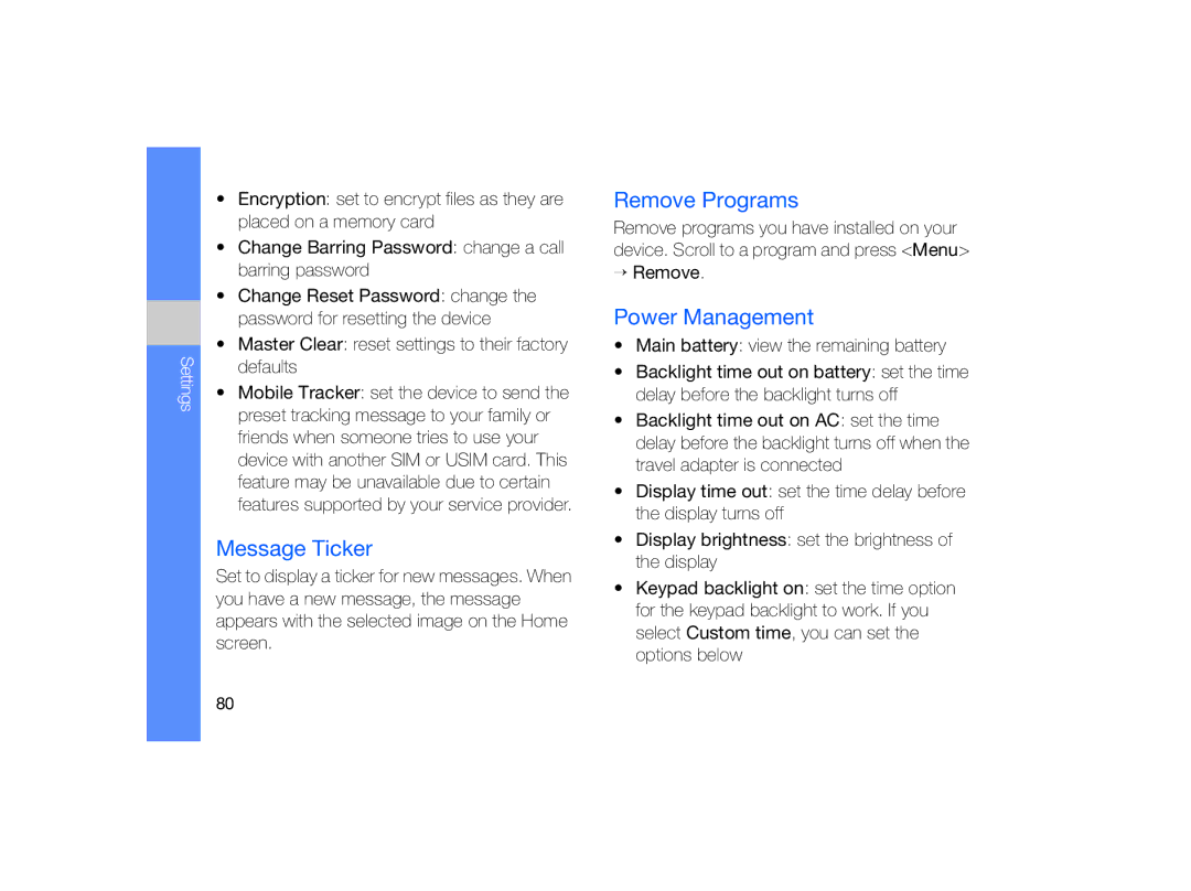 Samsung GT-B7330 user manual Message Ticker, Remove Programs, Power Management 