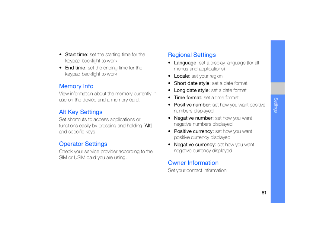 Samsung GT-B7330 user manual Memory Info, Alt Key Settings, Operator Settings, Regional Settings, Owner Information 