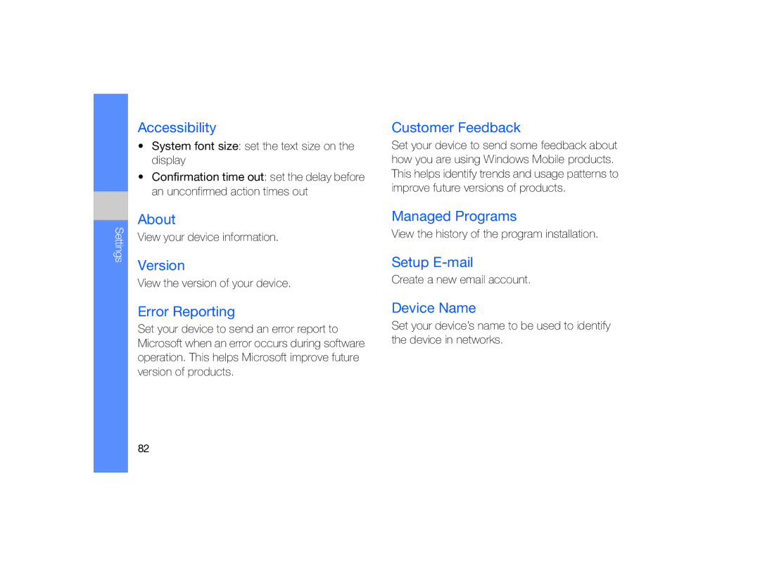 Samsung GT-B7330 Accessibility, About, Version, Error Reporting, Customer Feedback, Managed Programs, Setup E-mail 