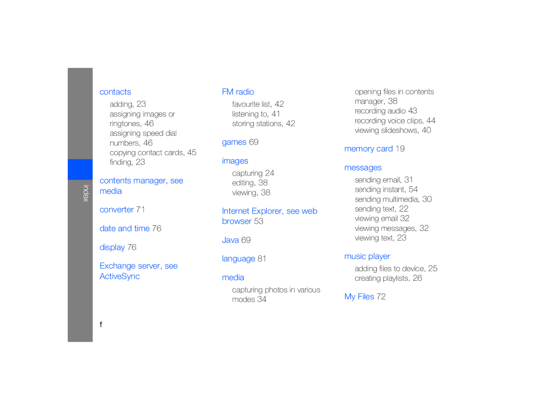 Samsung GT-B7330 user manual Index, Contacts 