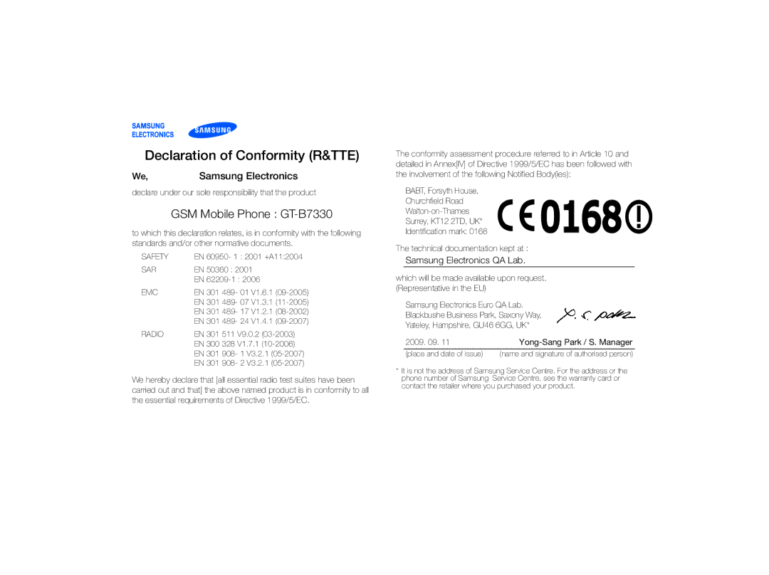 Samsung GT-B7330 user manual Declaration of Conformity R&TTE 