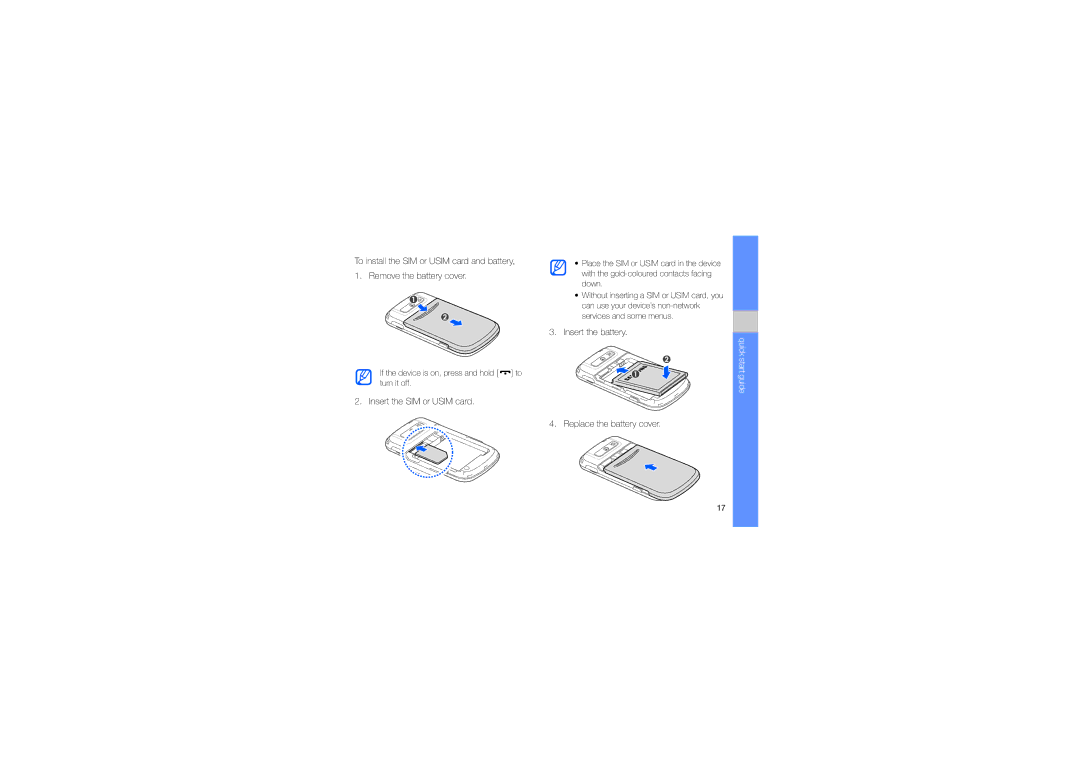 Samsung GT-B7330QKAXSG, GT-B7330QKAARB, GT-B7330QKAECT, GT-B7330QKAKEN, GT-B7330QKADRC, GT-B7330QKAKSA manual Insert the battery 