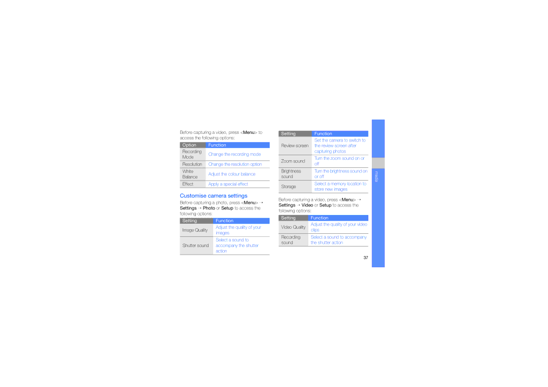 Samsung GT-B7330QKAXEV, GT-B7330QKAARB, GT-B7330QKAECT, GT-B7330QKAKEN manual Customise camera settings, Setting Function 