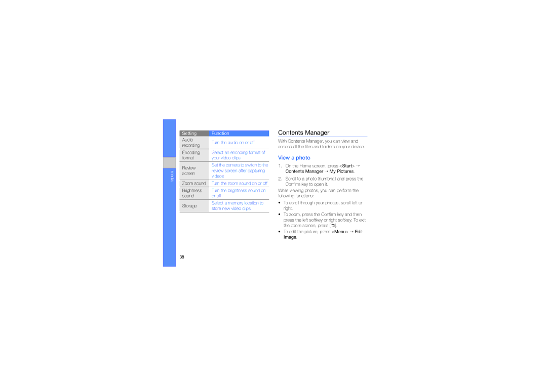 Samsung GT-B7330QKAARB, GT-B7330QKAECT, GT-B7330QKAKEN, GT-B7330QKADRC, GT-B7330QKAKSA, GT-B7330QKAMED manual Contents Manager 