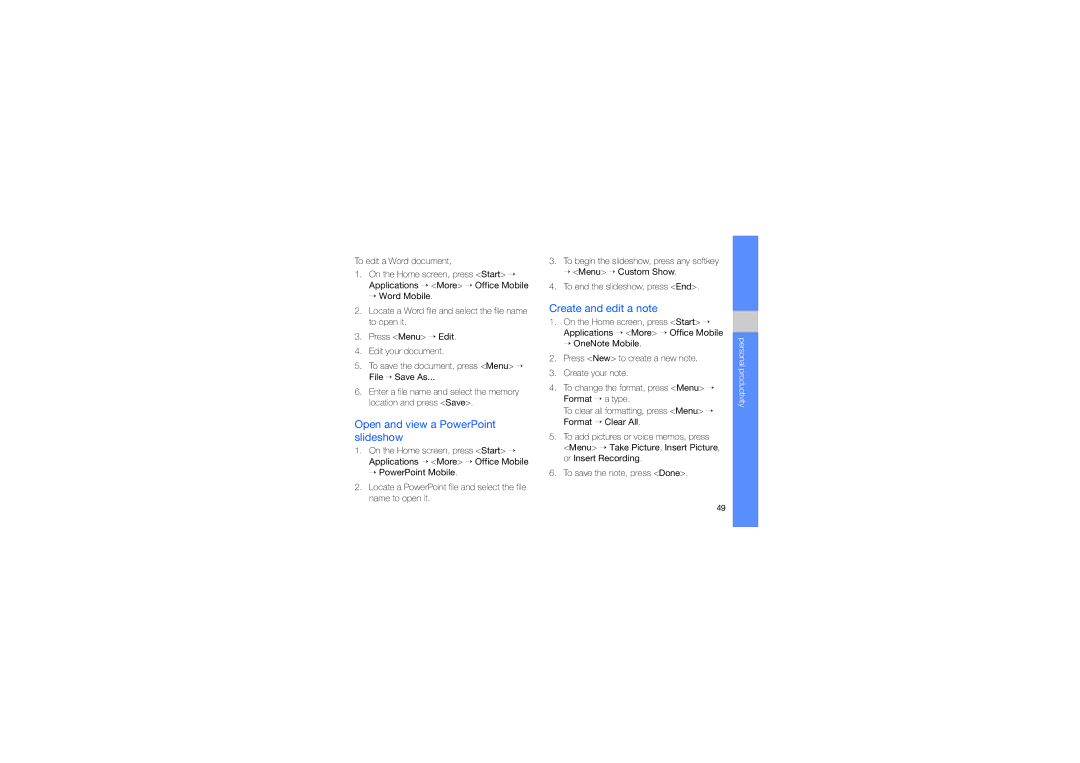 Samsung GT-B7330QKAABS, GT-B7330QKAARB, GT-B7330QKAECT manual Open and view a PowerPoint slideshow, Create and edit a note 