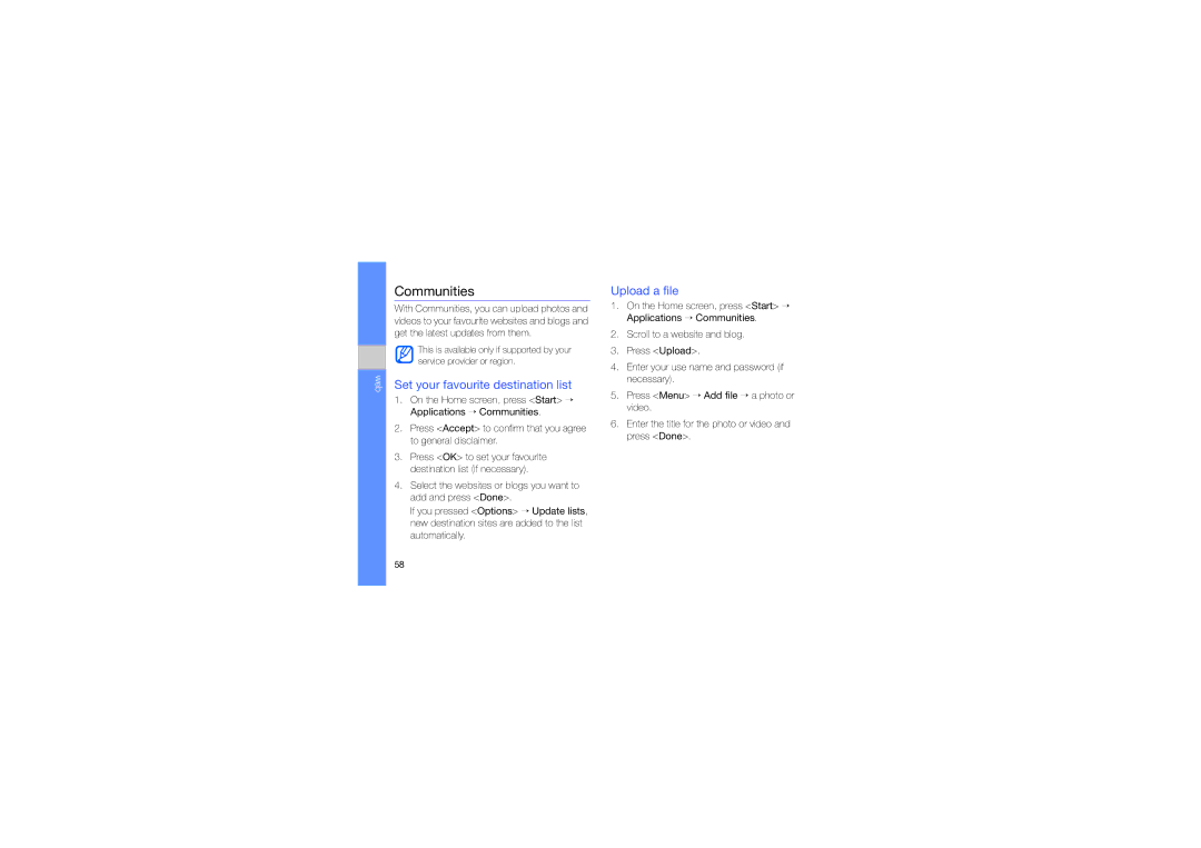 Samsung GT-B7330QKAMED, GT-B7330QKAARB, GT-B7330QKAECT manual Communities, Set your favourite destination list, Upload a file 