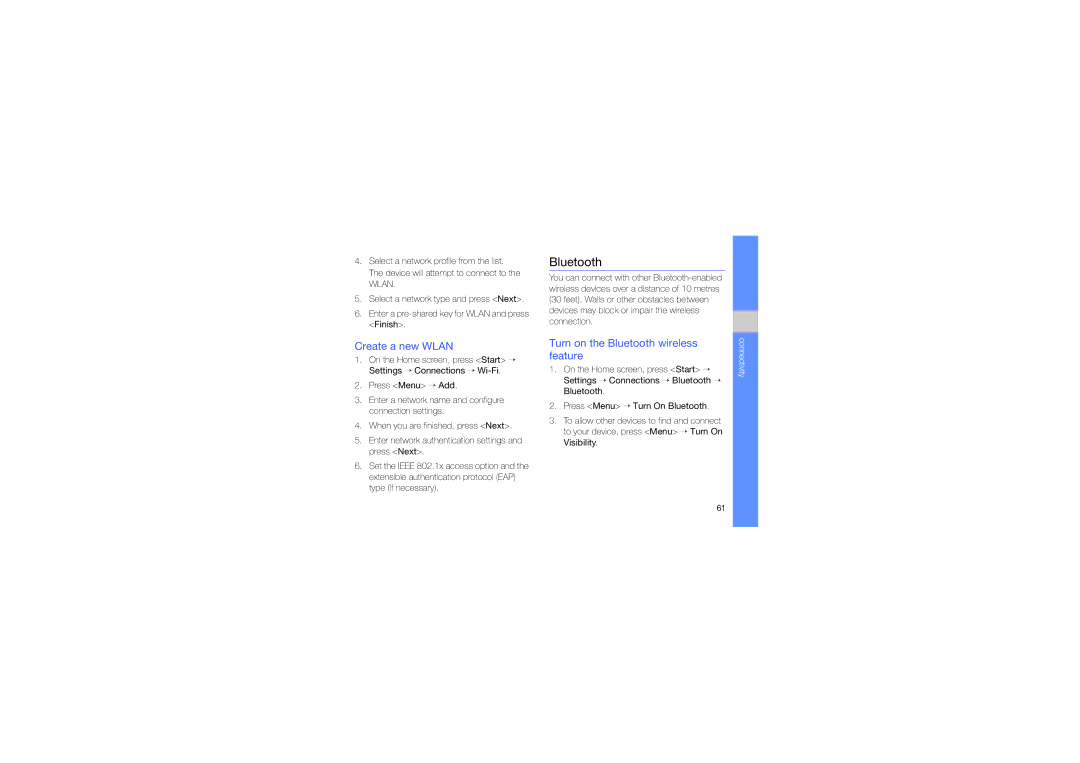 Samsung GT-B7330QKATHR, GT-B7330QKAARB manual Create a new Wlan, Turn on the Bluetooth wireless feature, Connectivity 