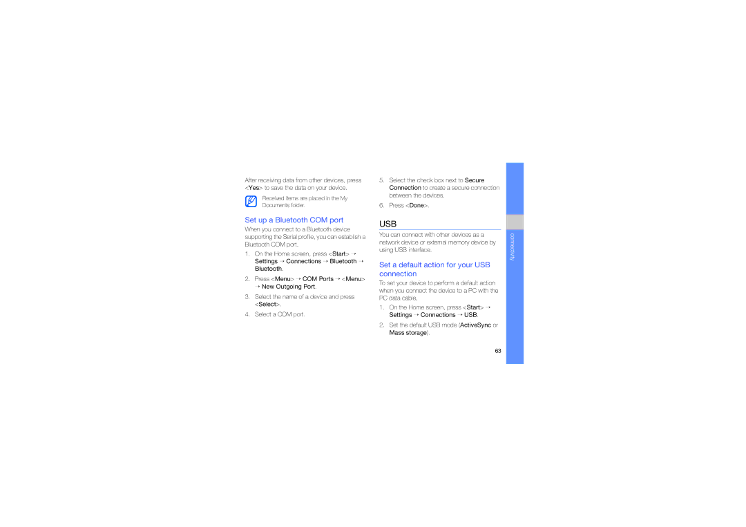 Samsung GT-B7330QKAMID, GT-B7330QKAARB manual Set up a Bluetooth COM port, Set a default action for your USB connection 