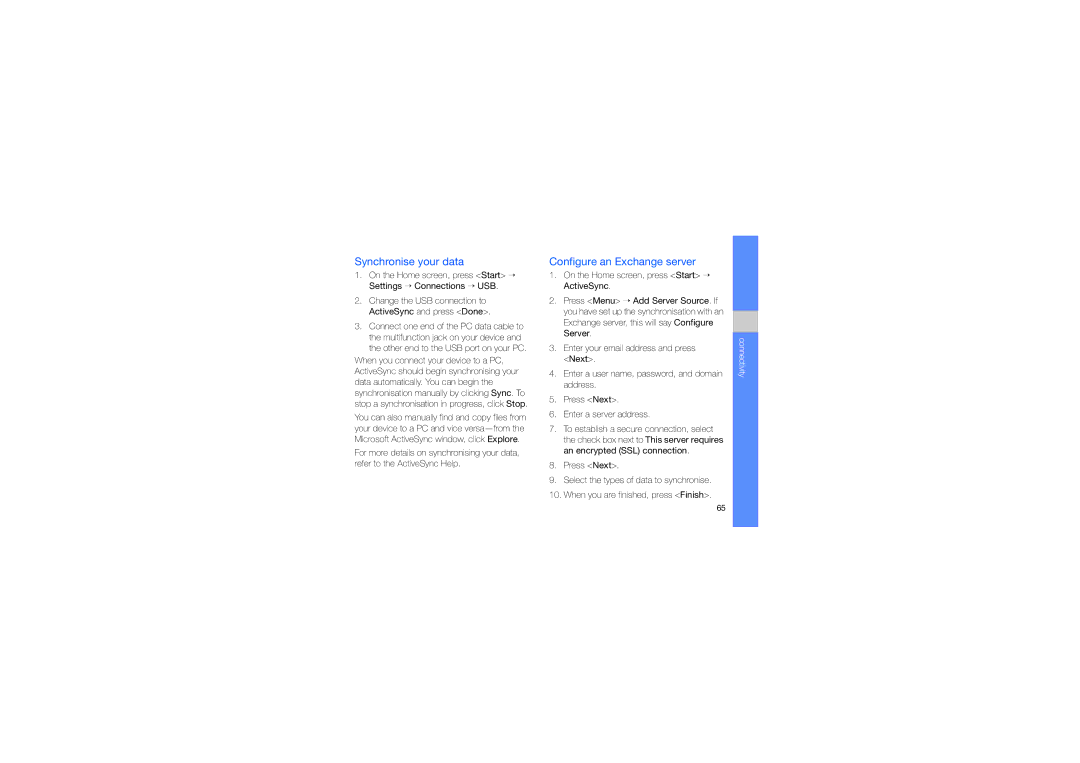 Samsung GT-B7330QKAAFR, GT-B7330QKAARB, GT-B7330QKAECT, GT-B7330QKAKEN Synchronise your data, Configure an Exchange server 