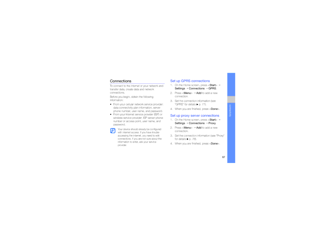 Samsung GT-B7330QKAXEV, GT-B7330QKAARB manual Connections, Set up Gprs connections, Set up proxy server connections 