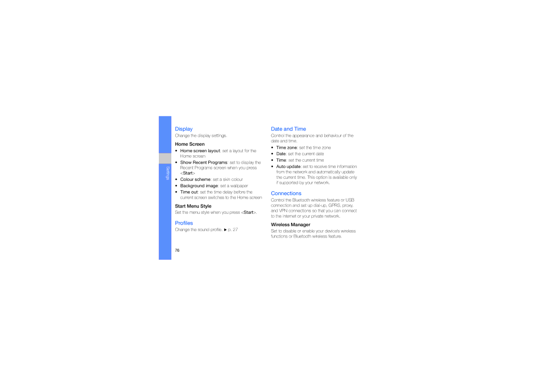 Samsung GT-B7330QKATHR, GT-B7330QKAARB, GT-B7330QKAECT, GT-B7330QKAKEN manual Display, Profiles, Date and Time, Connections 