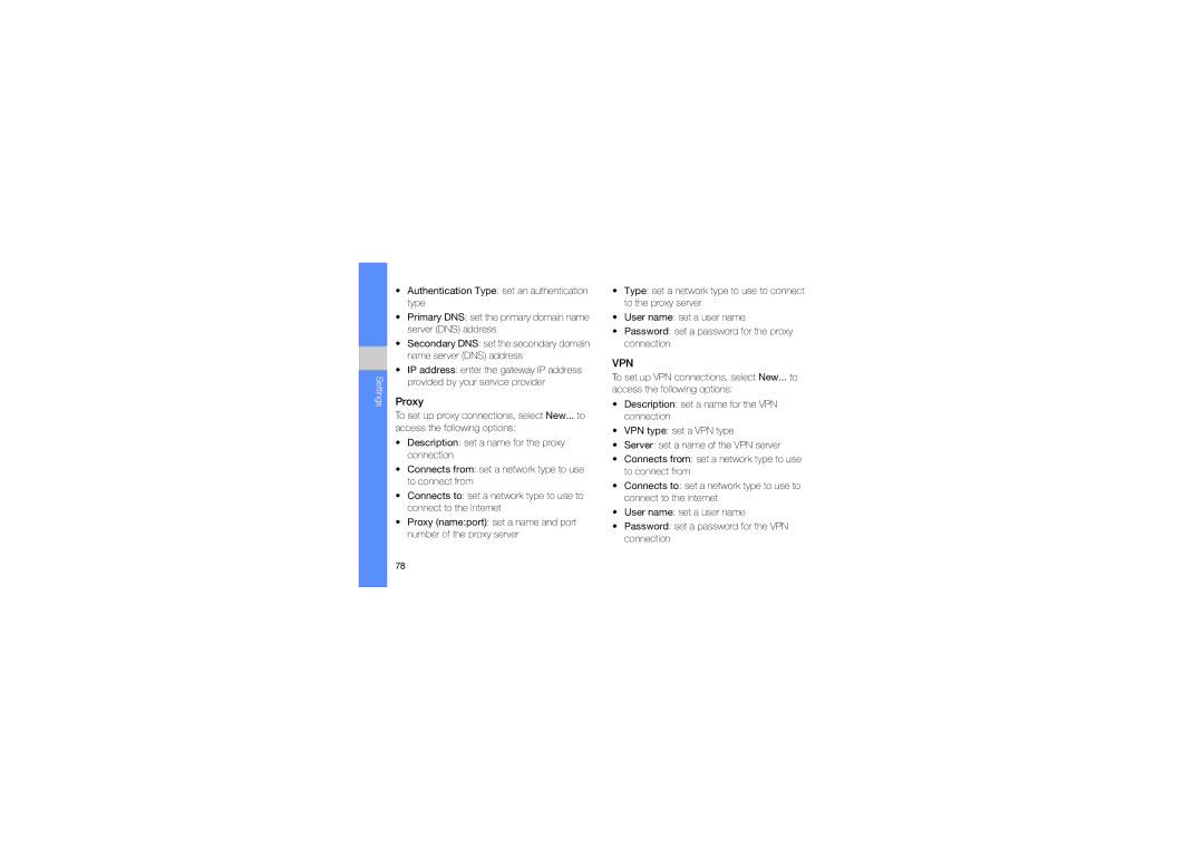 Samsung GT-B7330QKAMID, GT-B7330QKAARB, GT-B7330QKAECT, GT-B7330QKAKEN, GT-B7330QKADRC, GT-B7330QKAKSA manual Proxy, Vpn 