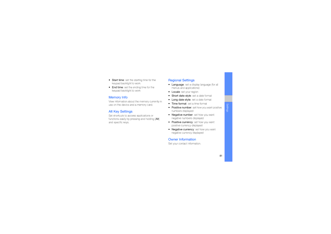 Samsung GT-B7330QKAJED, GT-B7330QKAARB, GT-B7330QKAECT Memory Info, Alt Key Settings, Regional Settings, Owner Information 