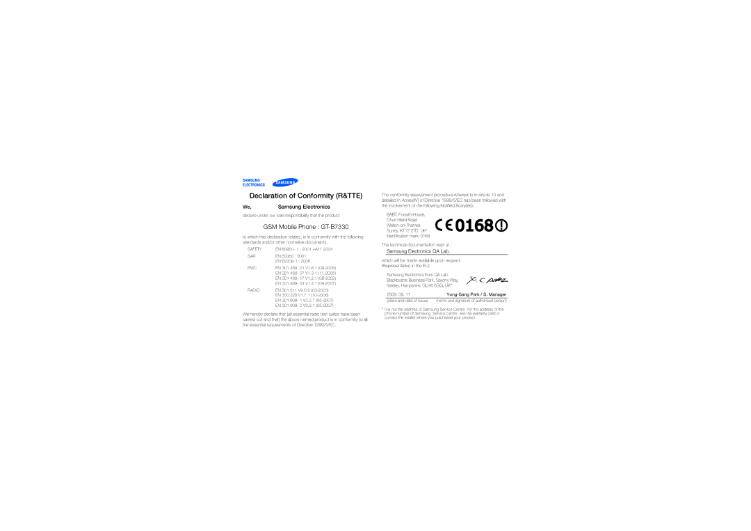 Samsung GT-B7330QKAKSA, GT-B7330QKAARB, GT-B7330QKAECT, GT-B7330QKAKEN, GT-B7330QKADRC manual Declaration of Conformity R&TTE 