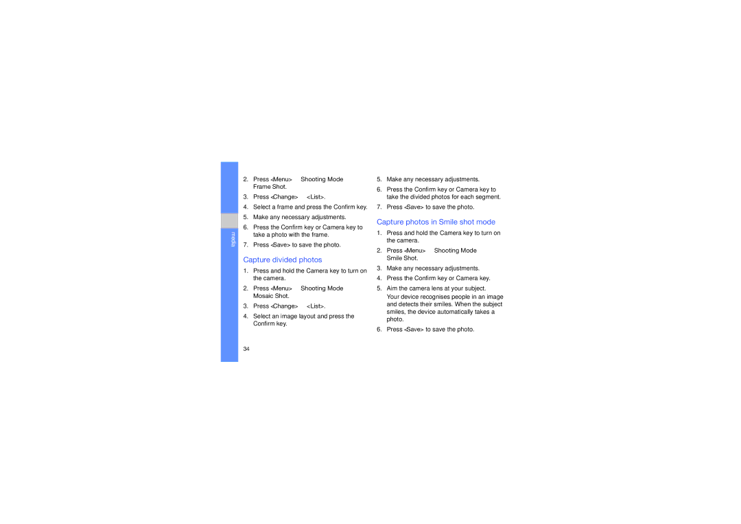 Samsung GT-B7330QKAABS, GT-B7330QKAARB, GT-B7330QKAECT Capture divided photos, Capture photos in Smile shot mode, Media 