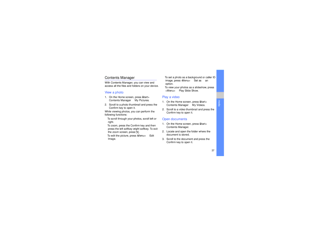 Samsung GT-B7330QKAXEV, GT-B7330QKAARB, GT-B7330QKAECT, GT-B7330QKAKEN, GT-B7330QKADRC, GT-B7330QKAKSA manual Contents Manager 