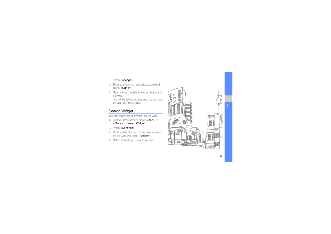 Samsung GT-B7330QKAKSA, GT-B7330QKAARB, GT-B7330QKAECT, GT-B7330QKAKEN, GT-B7330QKADRC, GT-B7330QKAMED manual Search Widget 