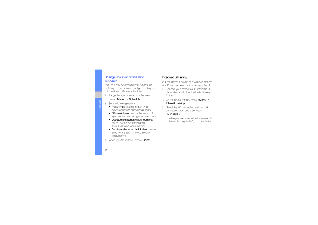 Samsung GT-B7330QKAABS, GT-B7330QKAARB, GT-B7330QKAECT, GT-B7330QKAKEN Internet Sharing, Change the synchronisation schedule 