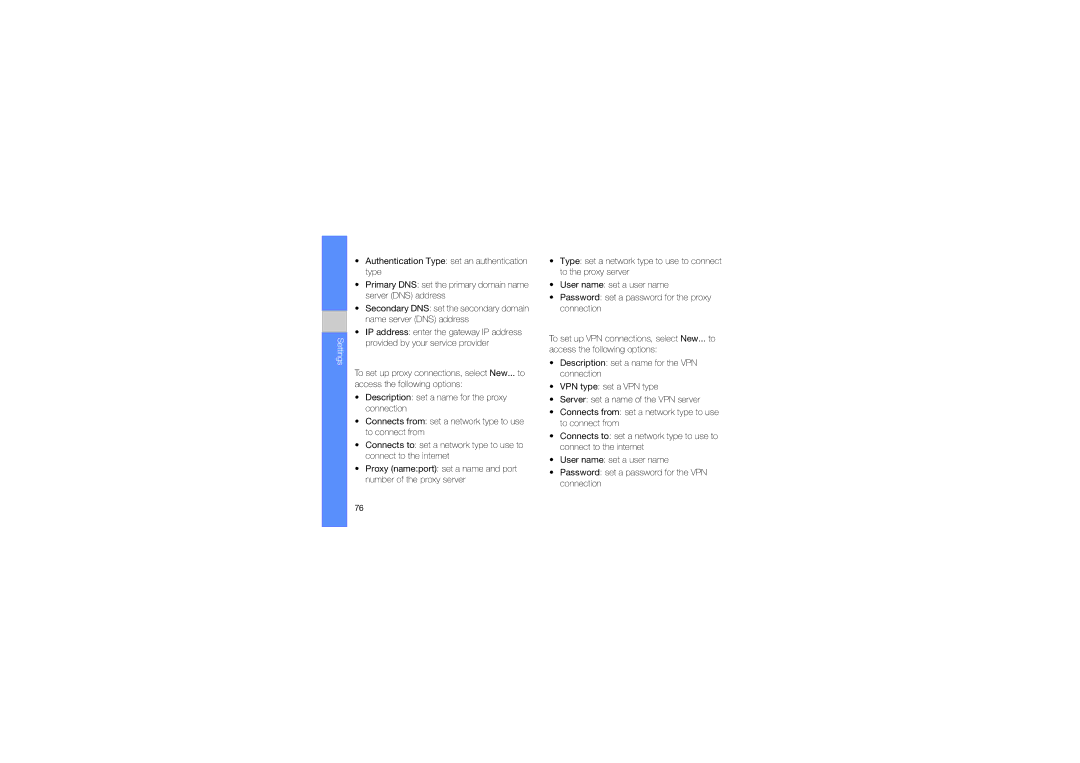 Samsung GT-B7330QKATHR, GT-B7330QKAARB, GT-B7330QKAECT, GT-B7330QKAKEN, GT-B7330QKADRC, GT-B7330QKAKSA manual Proxy, Vpn 