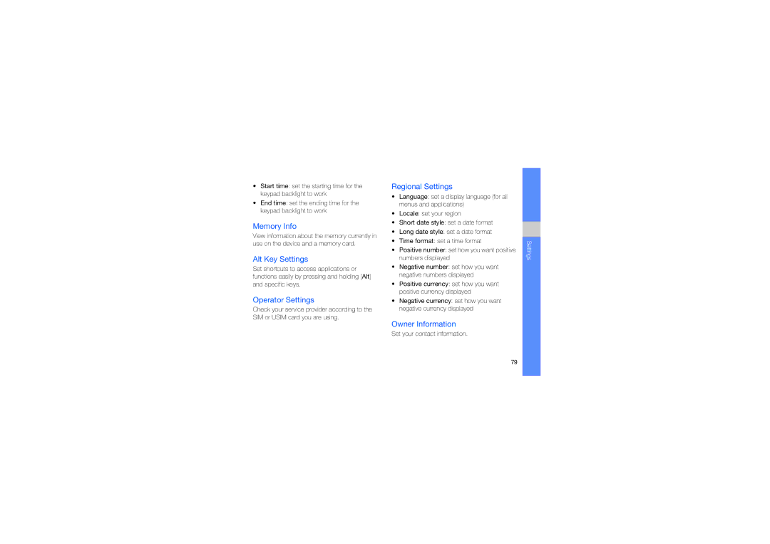 Samsung GT-B7330QKAABS manual Memory Info, Alt Key Settings, Operator Settings, Regional Settings, Owner Information 