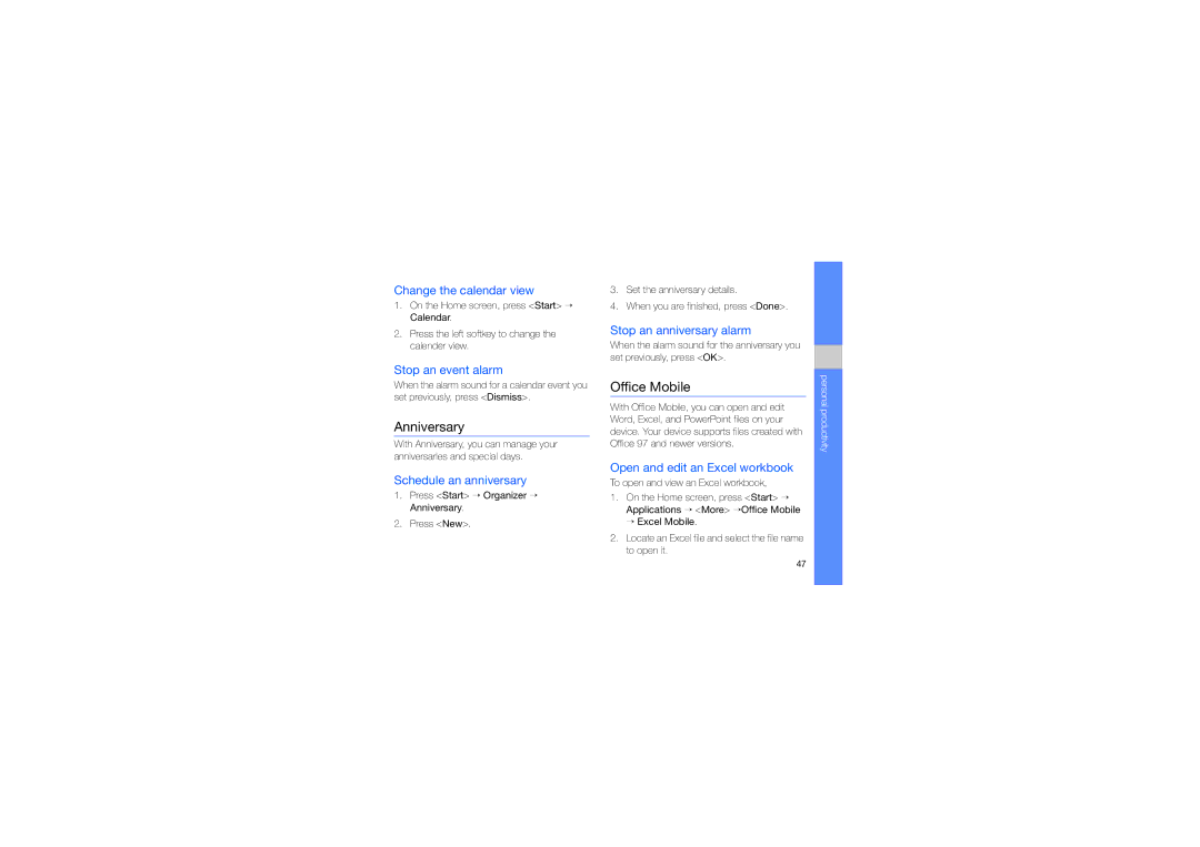 Samsung GT-B7330QKAAFR, GT-B7330QKAATO, GT-B7330QKADBT, GT-B7330QKADTM, GT-B7330QKAORC manual Anniversary, Office Mobile 