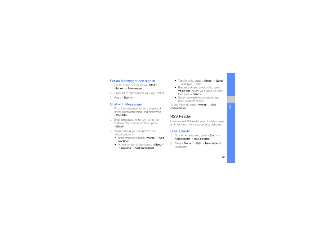 Samsung GT-B7330QKAAUT, GT-B7330QKAATO manual RSS Reader, Set up Messenger and sign, Chat with Messenger, Create feeds 
