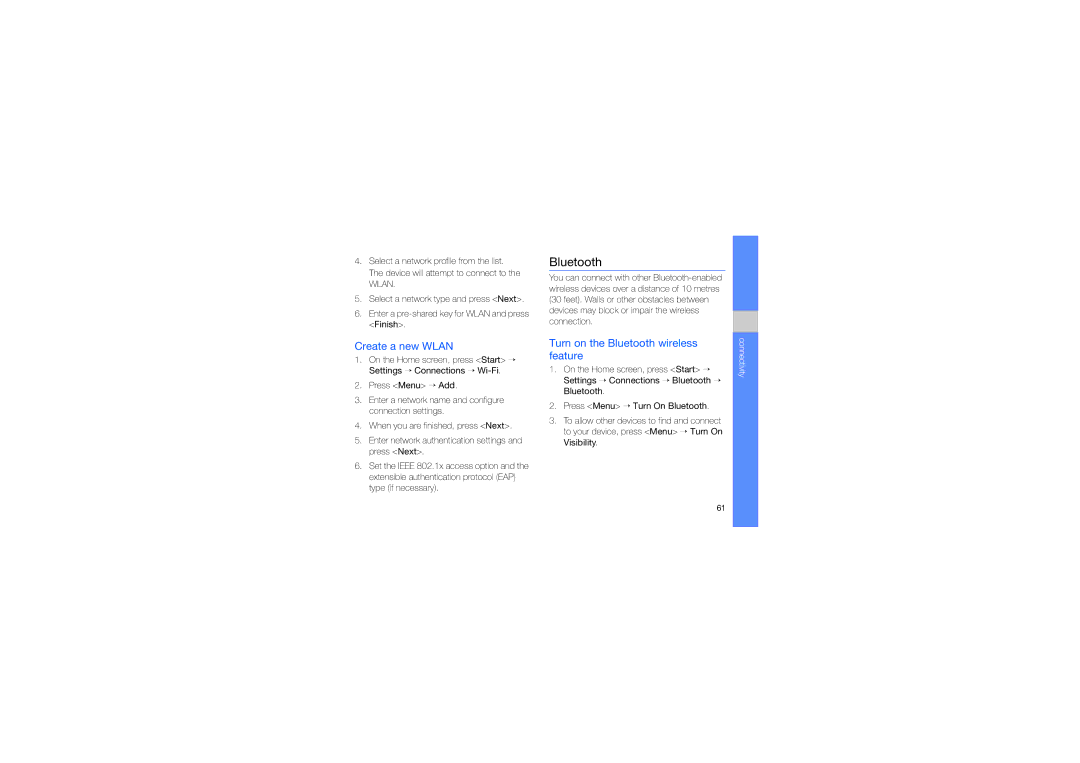 Samsung GT-B7330QKAXEF, GT-B7330QKAATO manual Create a new Wlan, Turn on the Bluetooth wireless feature, Connectivity 