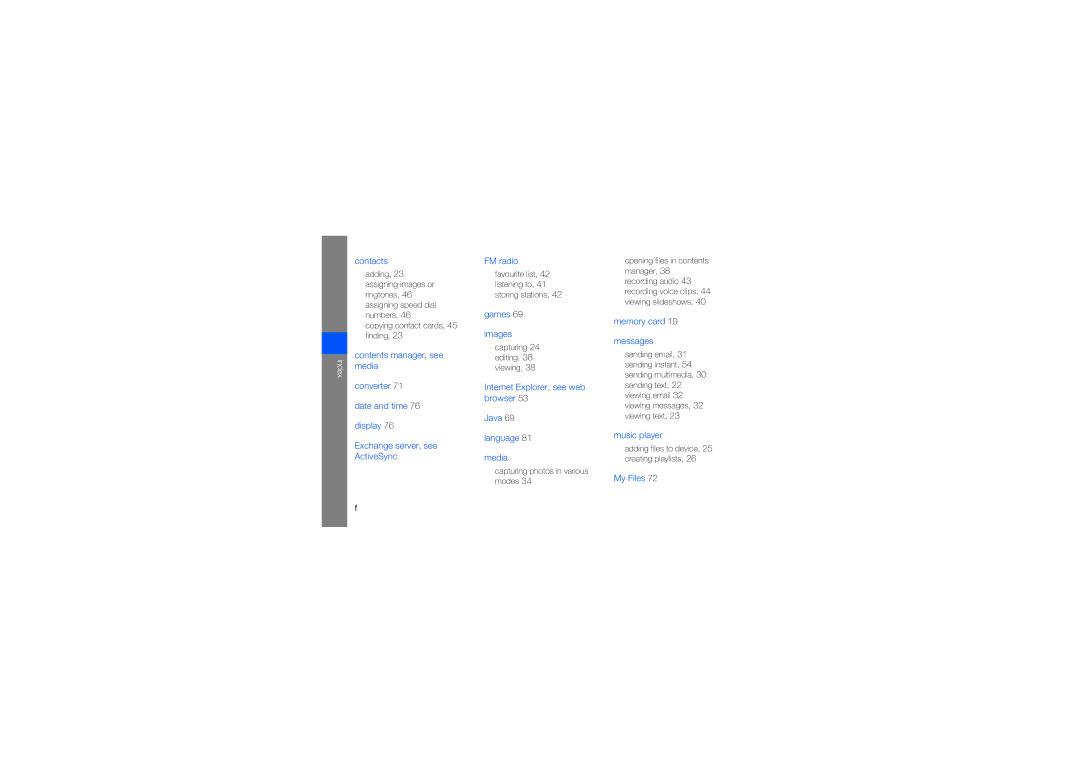 Samsung GT-B7330QKADBT, GT-B7330QKAATO, GT-B7330QKADTM, GT-B7330QKAORC, GT-B7330QKASFR, GT-B7330QKAXEF manual Index, Contacts 