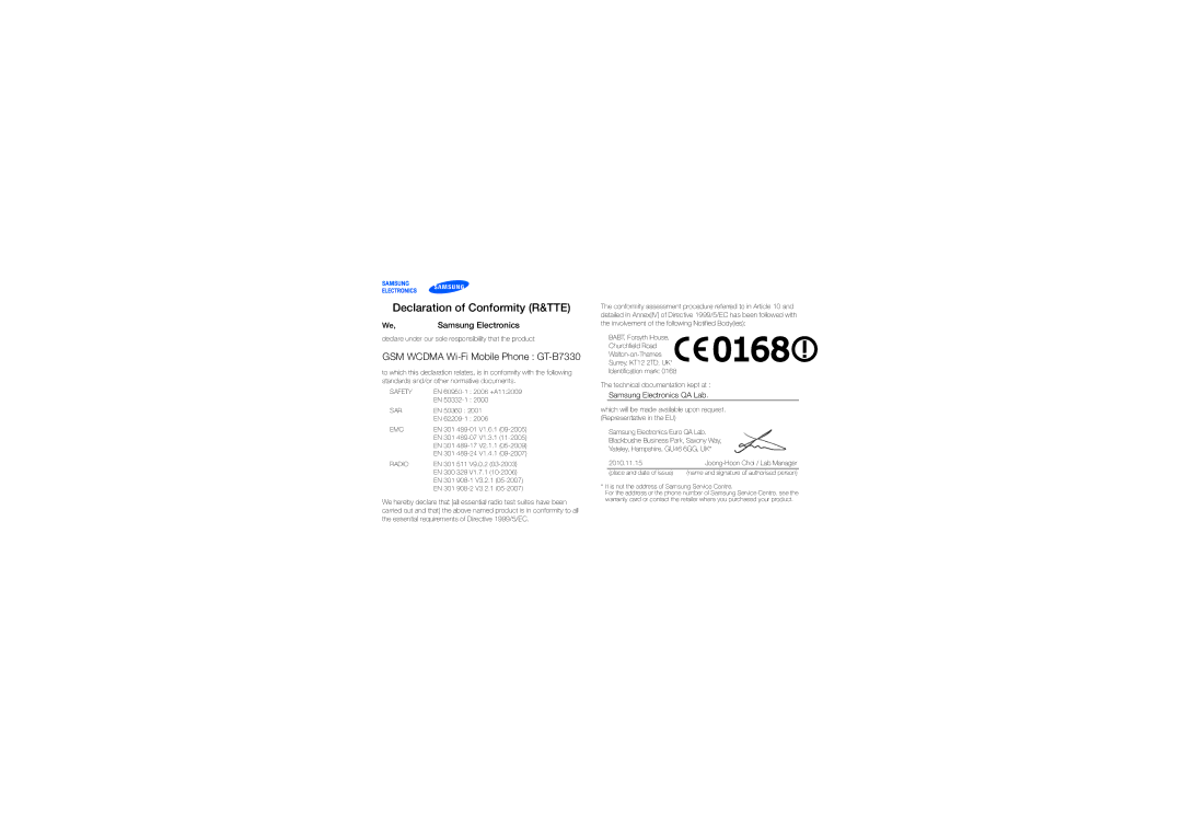 Samsung GT-B7330QKASFR, GT-B7330QKAATO, GT-B7330QKADBT, GT-B7330QKADTM, GT-B7330QKAORC manual Declaration of Conformity R&TTE 