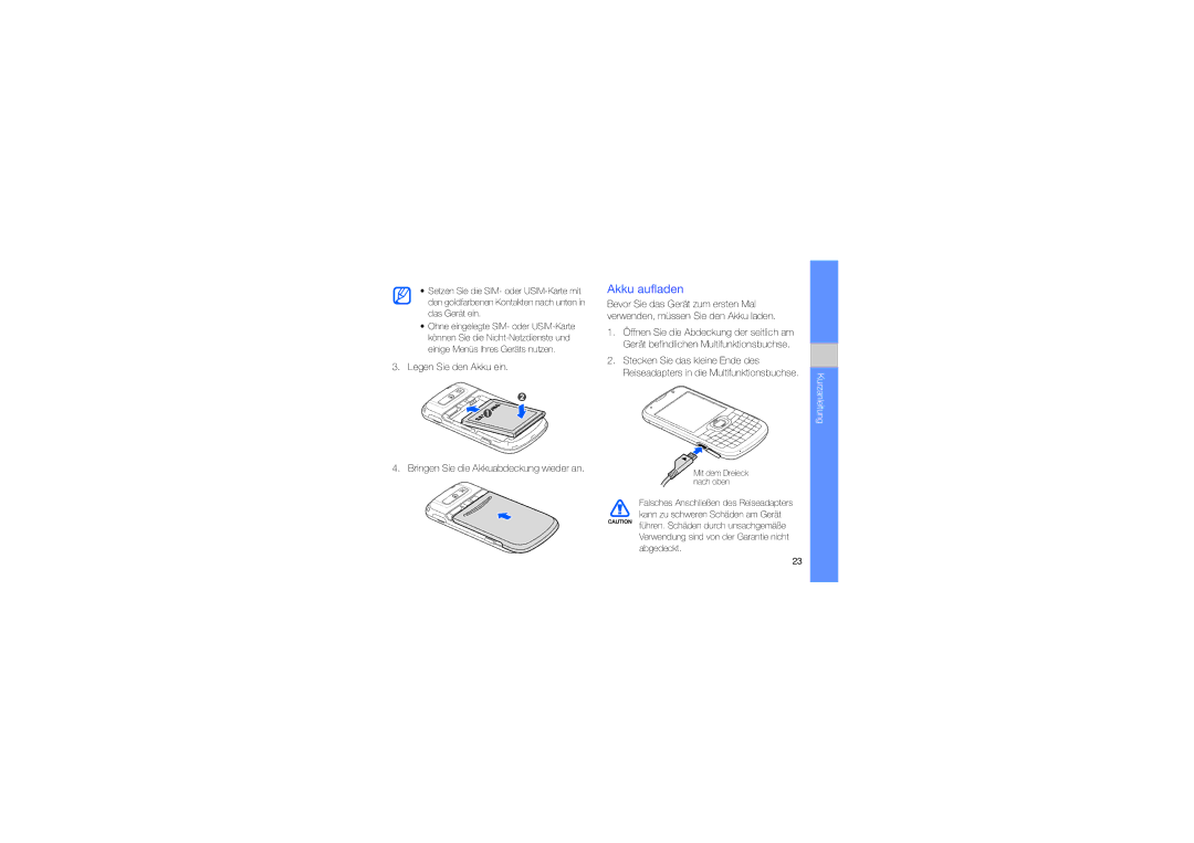 Samsung GT-B7330QKADTM, GT-B7330QKAATO, GT-B7330QKADBT manual Akku aufladen, Bringen Sie die Akkuabdeckung wieder an 