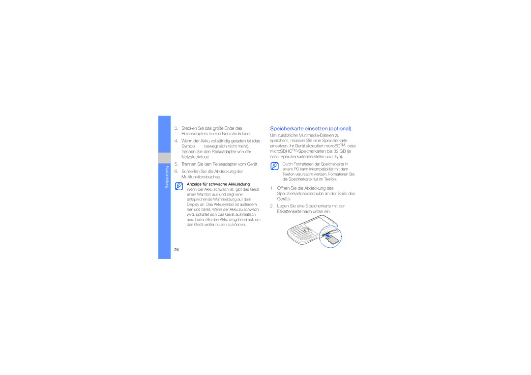 Samsung GT-B7330QKAATO, GT-B7330QKADBT, GT-B7330QKADTM manual Speicherkarte einsetzen optional 