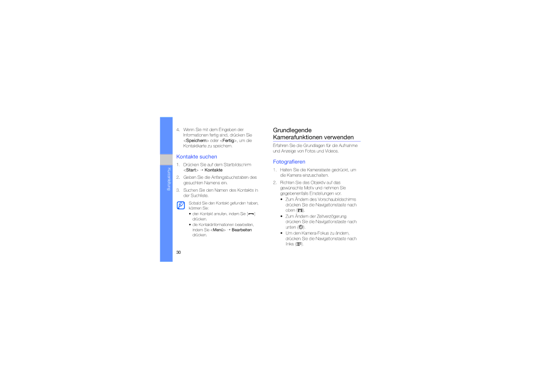 Samsung GT-B7330QKAATO, GT-B7330QKADBT manual Grundlegende Kamerafunktionen verwenden, Kontakte suchen, Fotografieren 