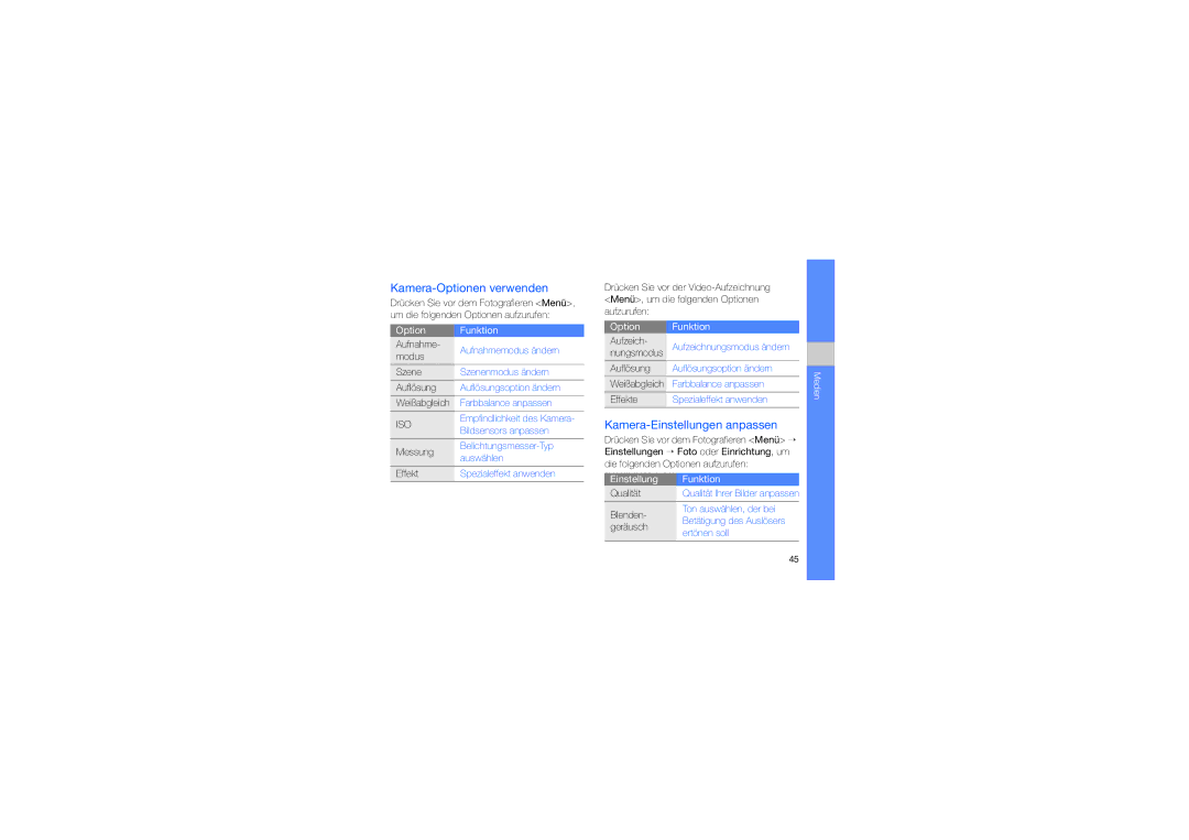 Samsung GT-B7330QKAATO, GT-B7330QKADBT, GT-B7330QKADTM manual Kamera-Optionen verwenden, Kamera-Einstellungen anpassen 