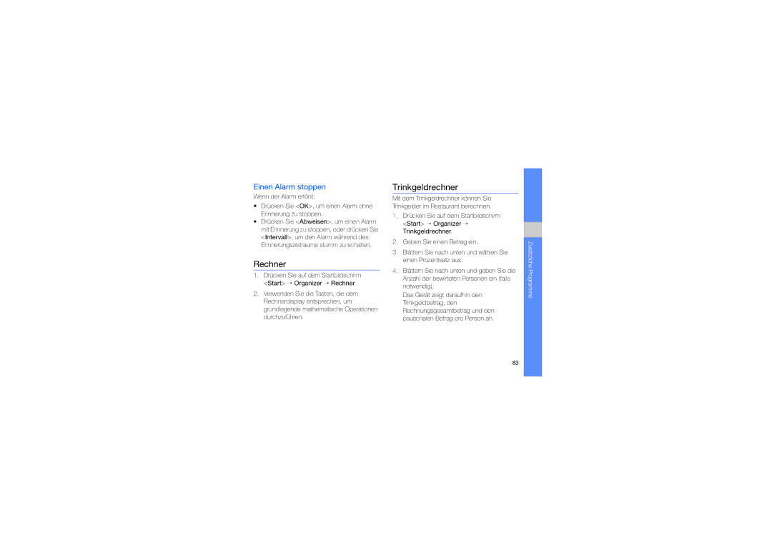 Samsung GT-B7330QKADTM, GT-B7330QKAATO, GT-B7330QKADBT manual Rechner, Trinkgeldrechner, Einen Alarm stoppen 