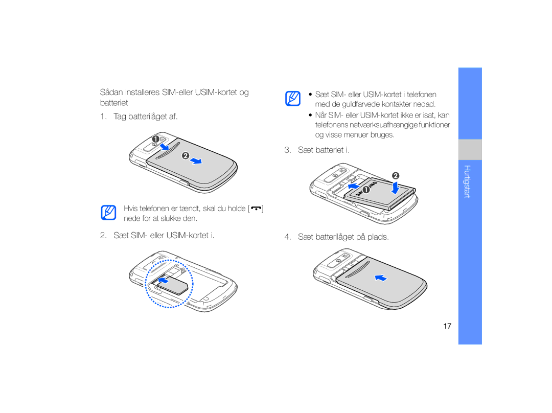 Samsung GT-B7330QKAXEE, GT-B7330QKANEE manual Sæt batteriet, Sæt batterilåget på plads 