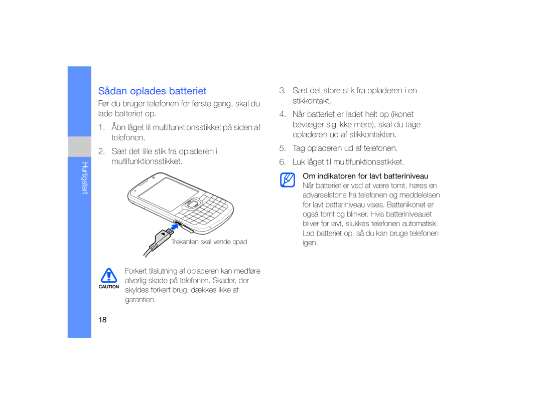 Samsung GT-B7330QKANEE, GT-B7330QKAXEE manual Sådan oplades batteriet 