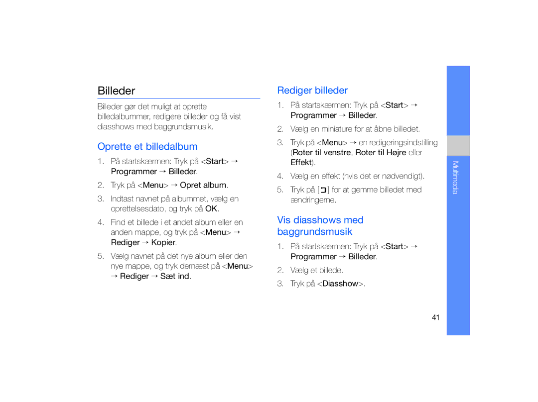 Samsung GT-B7330QKAXEE manual Billeder, Oprette et billedalbum, Rediger billeder, Vis diasshows med baggrundsmusik 