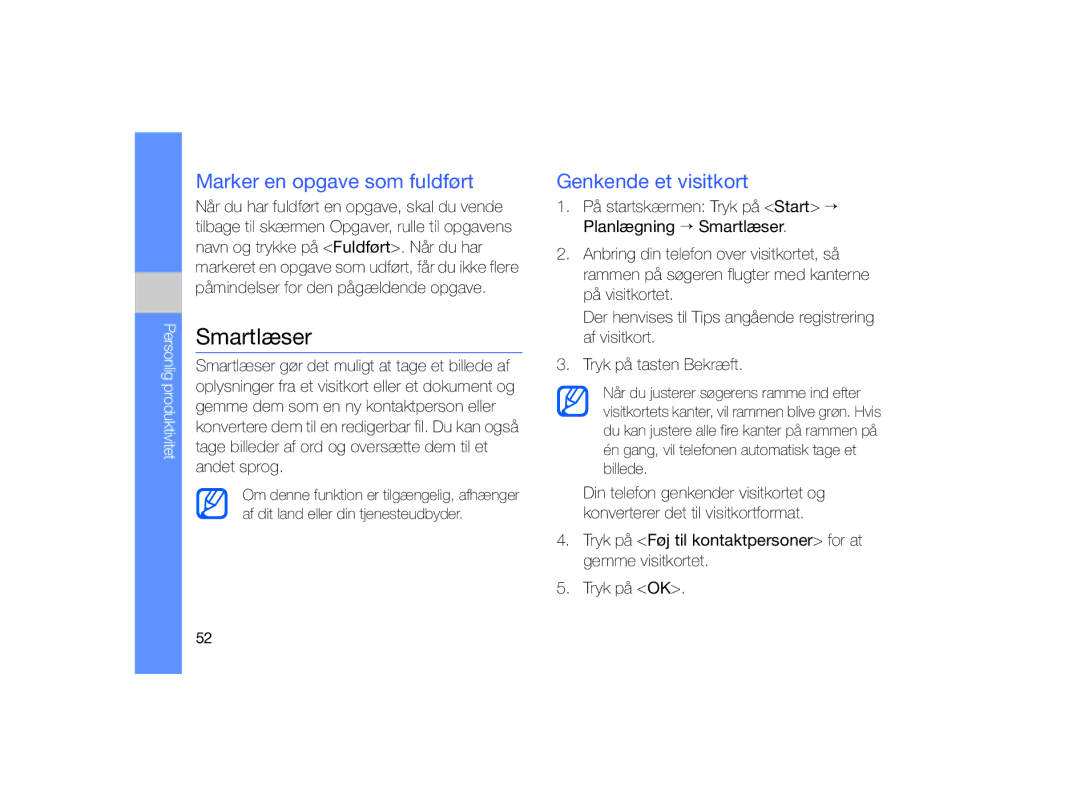 Samsung GT-B7330QKANEE, GT-B7330QKAXEE manual Smartlæser, Marker en opgave som fuldført, Genkende et visitkort 