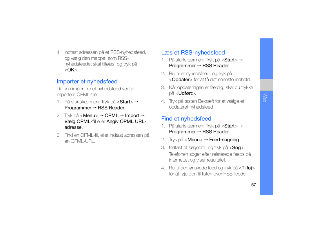 Samsung GT-B7330QKAXEE, GT-B7330QKANEE manual Importer et nyhedsfeed, Læs et RSS-nyhedsfeed, Find et nyhedsfeed 