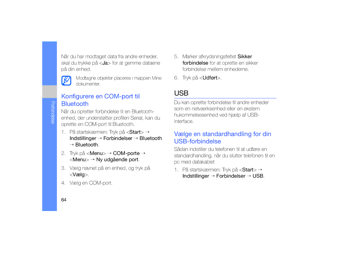 Samsung GT-B7330QKANEE manual Konfigurere en COM-port til Bluetooth, Vælge en standardhandling for din USB-forbindelse 