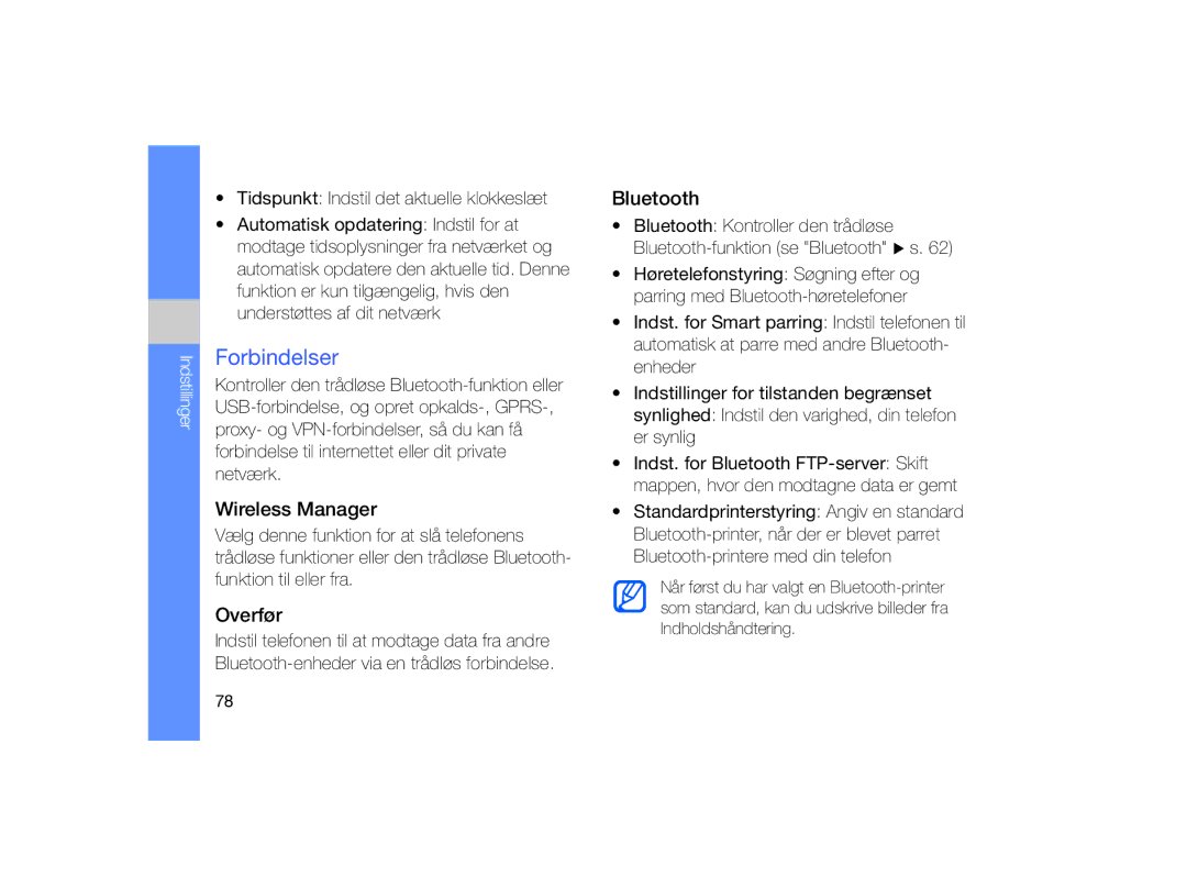 Samsung GT-B7330QKANEE, GT-B7330QKAXEE manual Forbindelser, Wireless Manager, Overfør, Bluetooth 